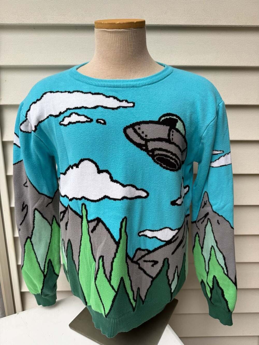 AyyLIEN UFO Mountain Trees Sweater Size Medium Blue Knit